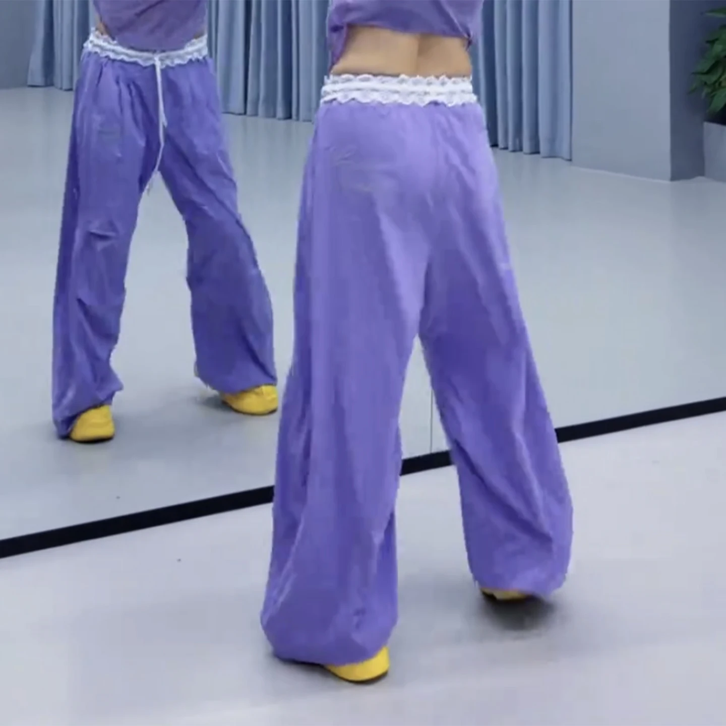 summer-lace-trim-casual-square-dance-pants-women's-loose-straight-leg-thin-sporty-trousers-long-pants-middle-waist-fit
