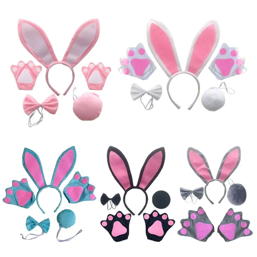 Bowknot Necktie Easter Rabbit Ear Headband Set Paw Gloves Cartoon Animal Bunny Ears Hair Hoop Easter Decor Headdress