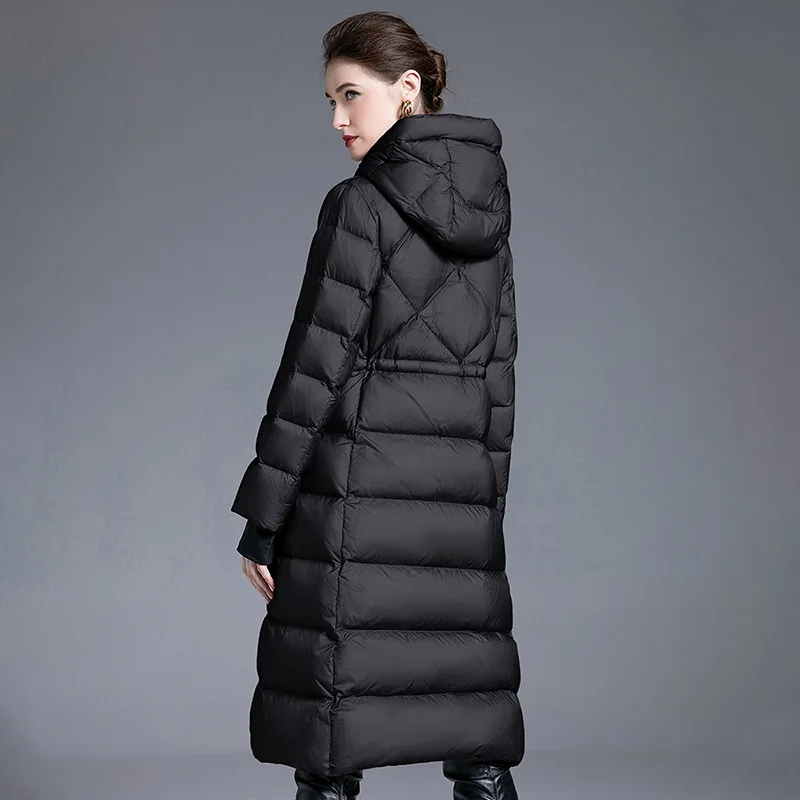 Women Winter Long Overcoats Black Hooded Down Jacket Below The Knee Slimming Coats Thickening White Duck Trendy Slim Waist Tops