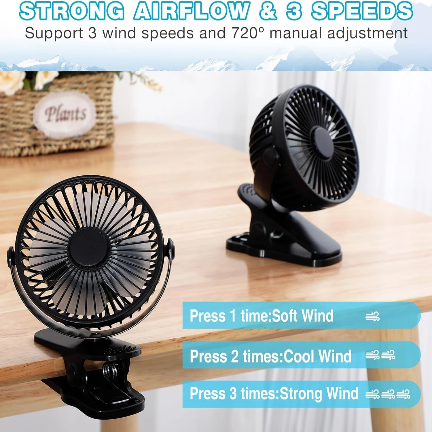 2 Pcs Small Clip on Fan Portable Desk Fan Battery Operated Mini Table Fan USB Rechargeable  Modes    Personal Clooing Fan for Ou