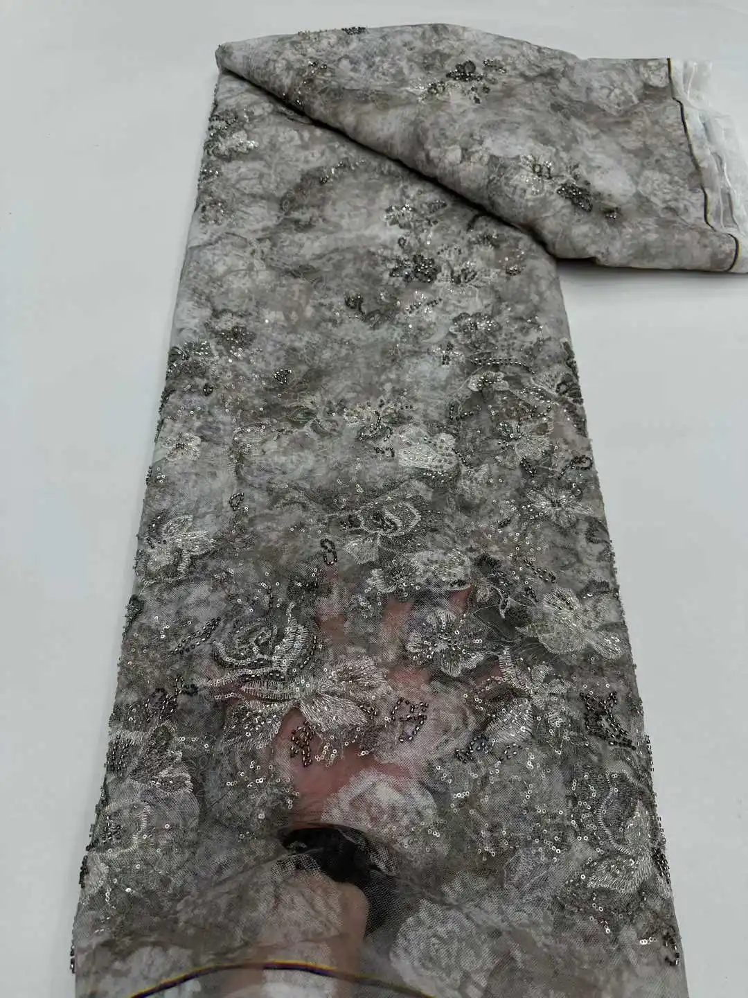 Nigerian Beaded Embroidery Lace High Quality French Net Sequins Tulle African Lace Fabric for Luxury Wedding Party