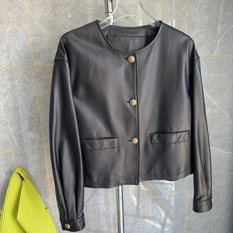 S-2XL Giacche vintage in vera pelle marrone per donna Casual Chic O-collo monopetto femminile corto giacche di pelle di pecora cappotti