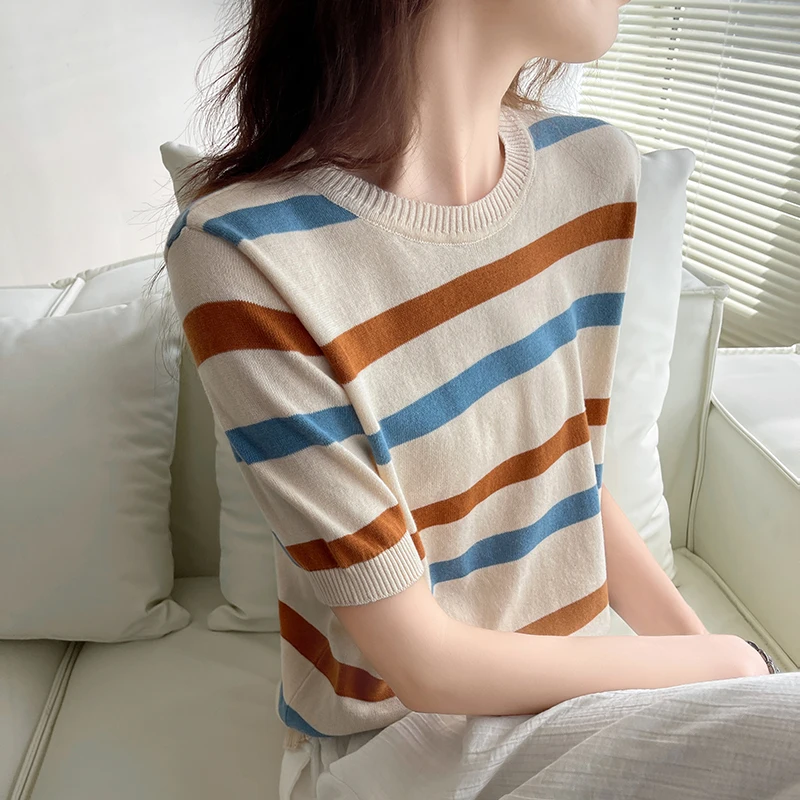 Women\'s T-Shirt Summer 100% Cotton Sweater Short Sleeve Striped Knitted Round Neck Ladies Tops Loose Blouse Pullover Tees