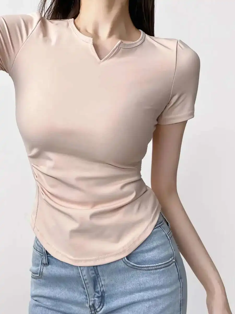 Damska koszulka sportowa z krótkim rękawem, obcisła, elastyczna, dopasowana, z okrągłym dekoltem, gładka, w stylu \"spicy girl\", nowość na lato 2024, krótki top 0RX2