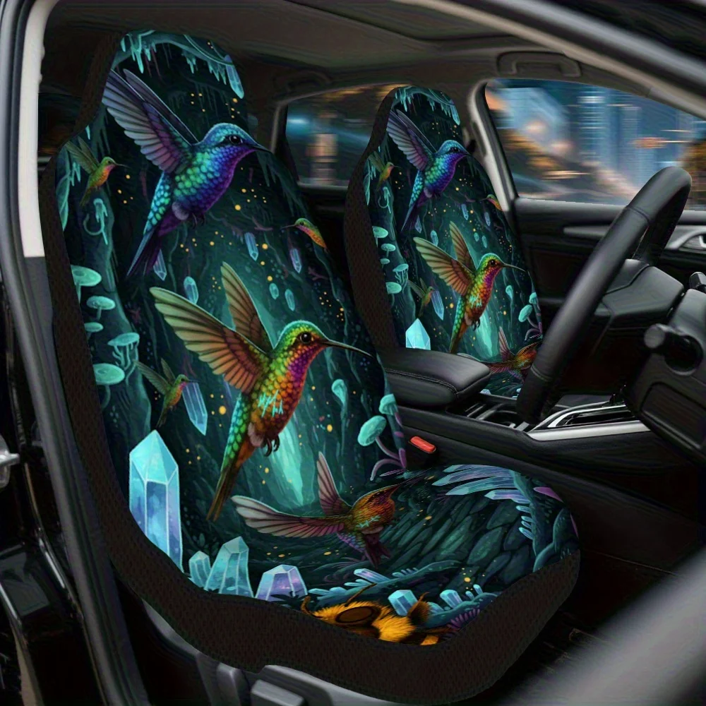 2pcs Fantasy Hummingbird Cave Themed Car Seat Cover Set – High-Quality, Durable Full Set For Front Seats, Universal Fit For Most