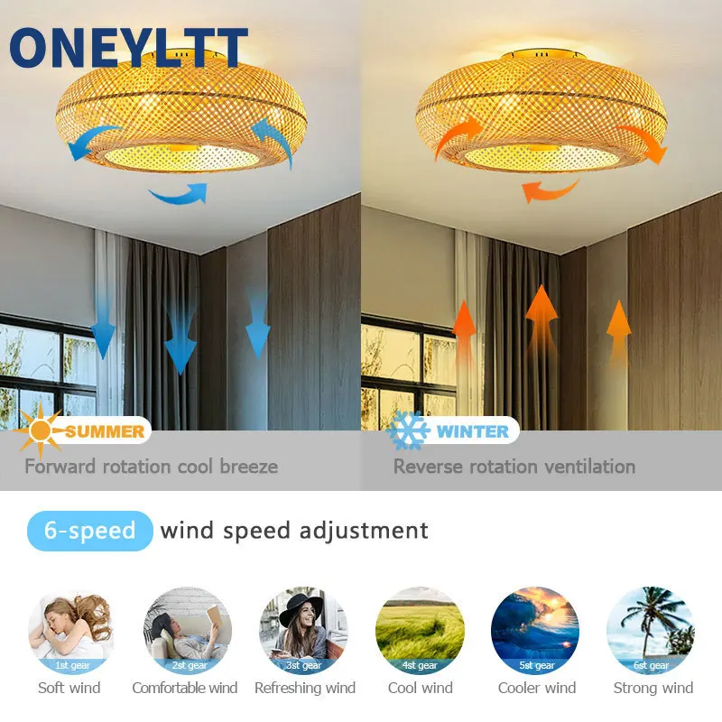 Round Bamboo Ceiling Fan With Light And Control Rattan Cage Flush Mount Ceiling Fans With Led Light For Home Living Room Bedroom