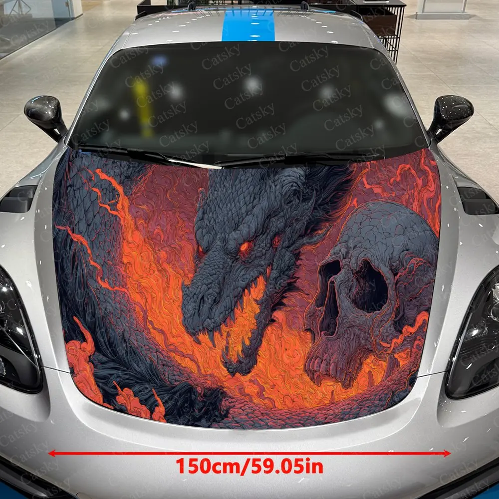 Awesome Fiery Dragon Skull Car Hood Stickers - Self-Adhesive, Waterproof and Durable Vinyl Wrap, Decorate And Protect Your Car -