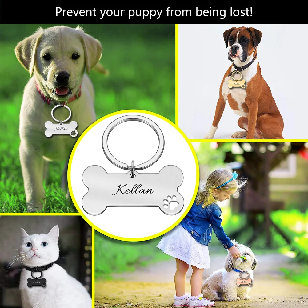 Etiquetas de identificación de hueso de espejo brillante personalizadas para mascotas, grabado de nombre, gatito, cachorro, Collar antipérdida,