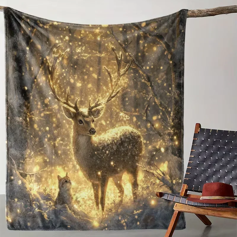 Magical Glowing Forest Deer Cat Blanket Golden Snowy Woodland Wildlife Print Soft Lightweight Blanket Fantasy Sofa Bed Decor