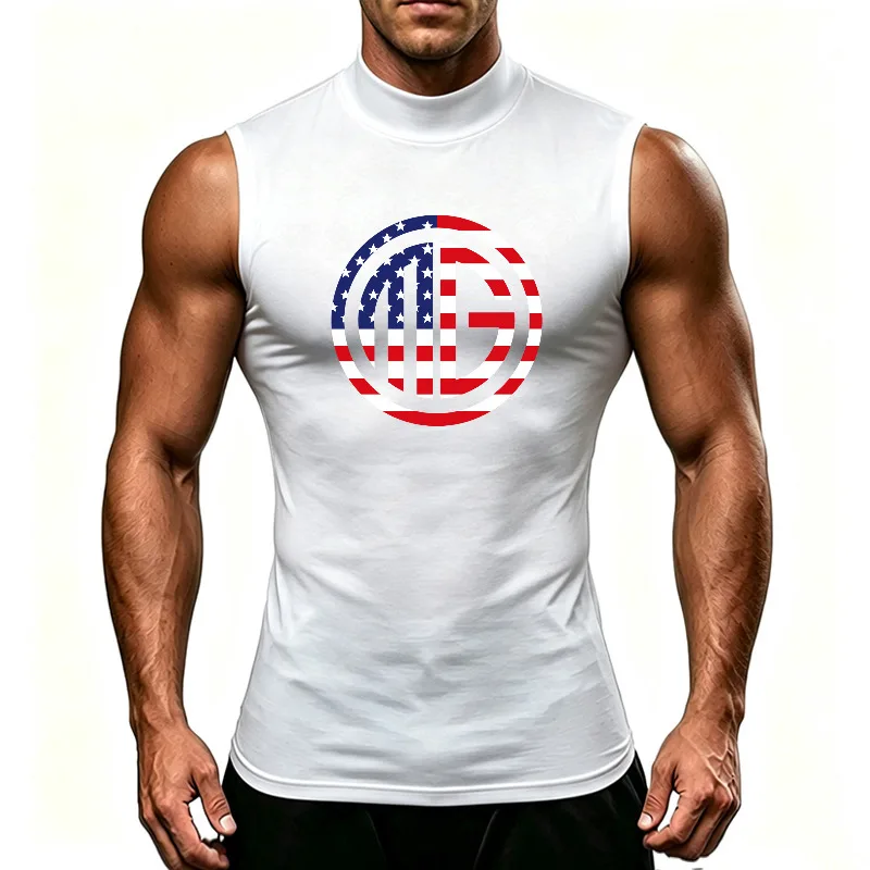 Men's Sleeveless Running T-Shirts Quick Dry High Neck Compression Shirt Stretch Breathable Athletic Sports Top For Gym Fitness