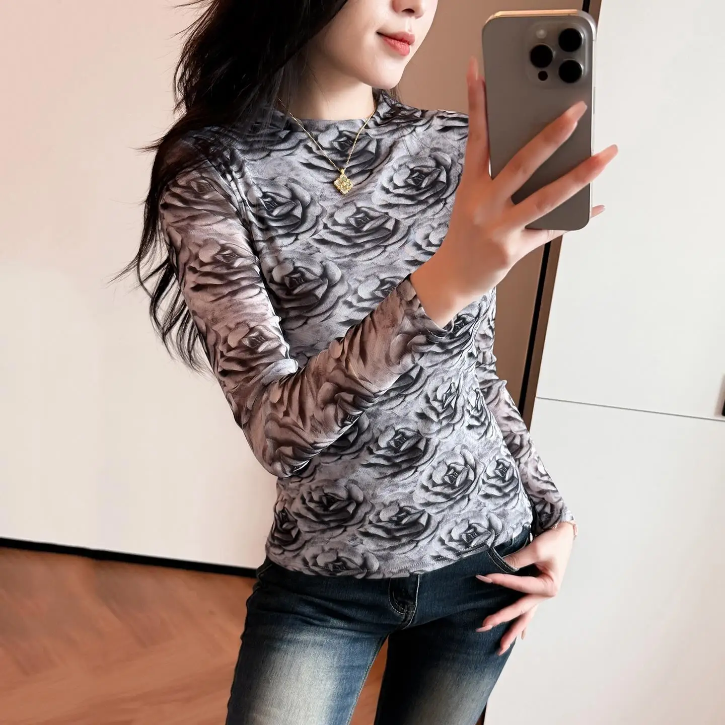 Ele Long Sve Damen T-Shirt Blumendruck Me Base irt High Ne Elastic Net Inner Wear Top Europäisches Sle Herbst W...