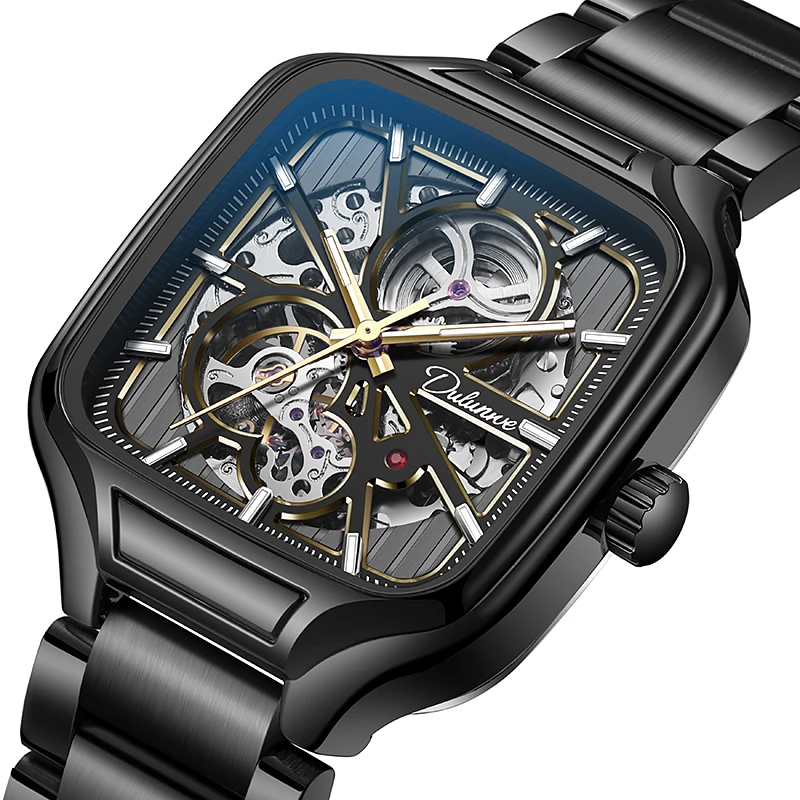 Full Hollow Skeleton Gear Men Automatic Watch Square Black Case Gold Gear Luminous Leather Strap Men Wristwatch