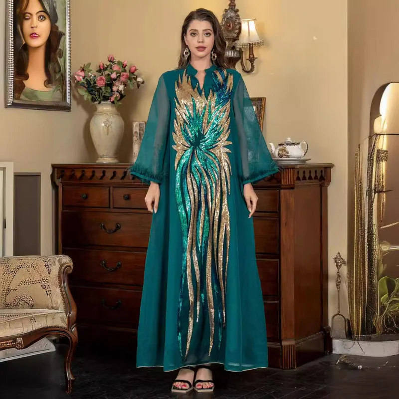 

MuslimVCollared Long Sleeve Women's Robe Fashionable Ostrich Feather Sequin DressAbaya