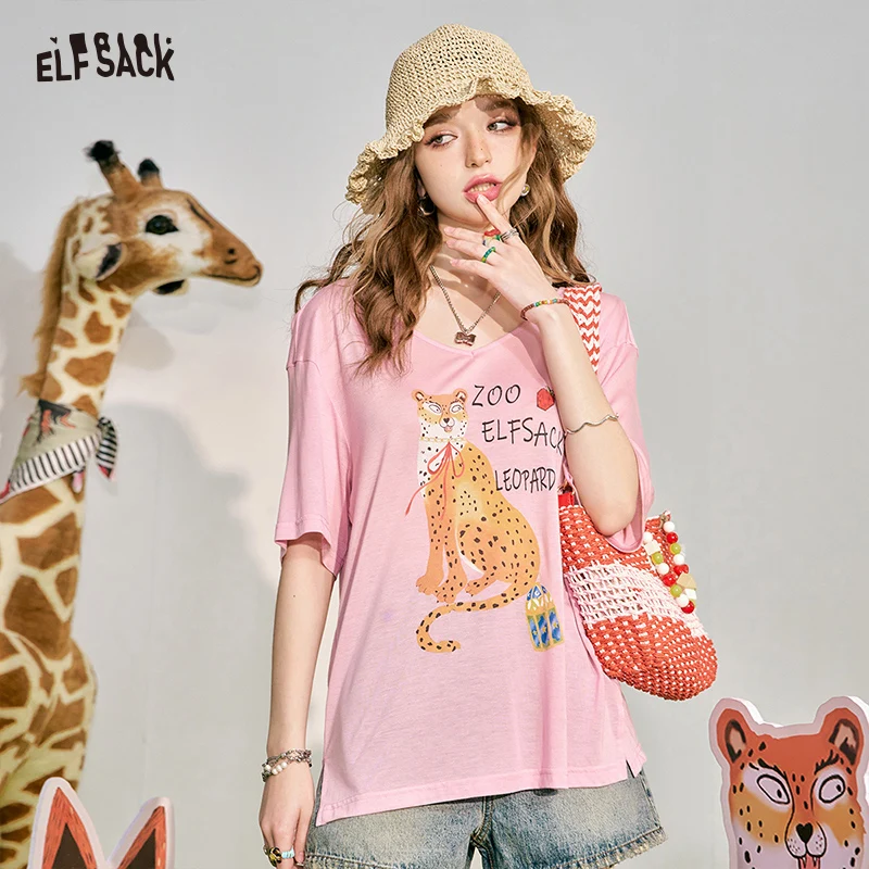 

ELFSACK 2024 Summer New Pink V-neck Loose Slimming T-shirt Women's Casual Versatile Lightweight Top