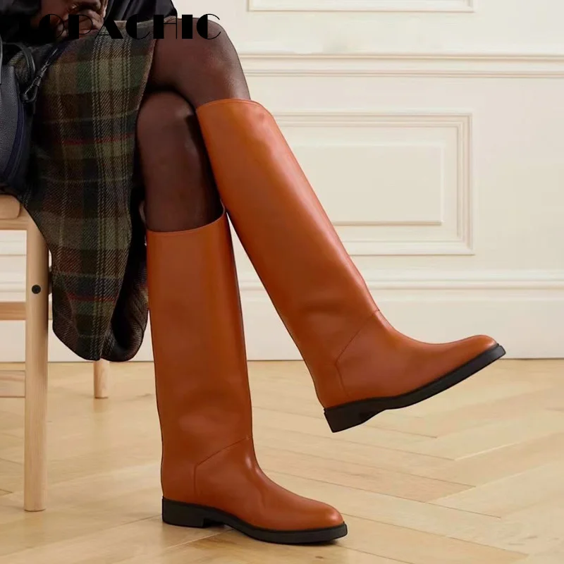 9.19 TOPCHIC Cowhide Over-the-Knee Boots Fashion All-matches Genuine Leather Pointed Toe Diagonal Flat Sole Boots