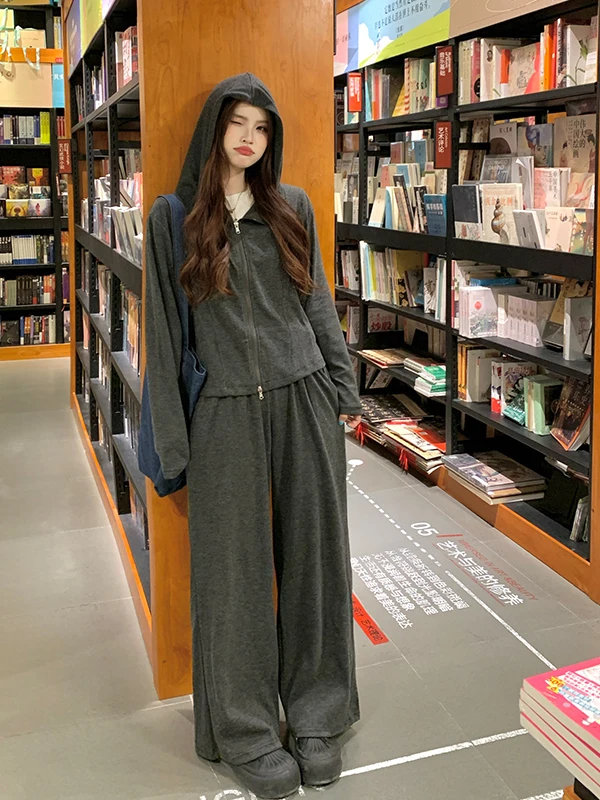 

plus Size Casual Set Early Spring New Hooded Zipper Long Sleeve Open Cardigan High Waist Straight Leg Wide Leg Pants
