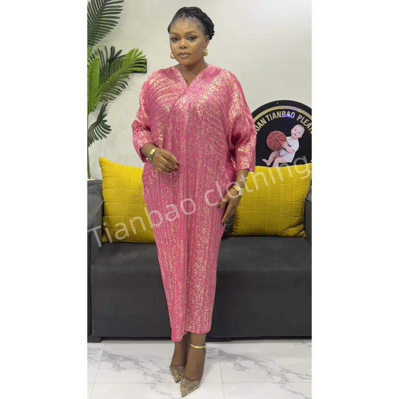 

Miyake Pleated Dress for Women 2025 New Gold Stamping V-neck Bat Sleeves Fashionable Loose Large Size Women's Pleated Skirt