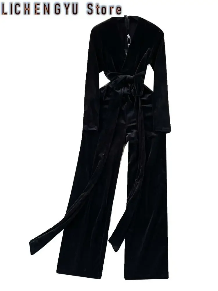 New Elegant Style Chic Jumpsuit Women V-neck Velvet Bandage High Waist Solid Color Jumpsuit Winter Spring