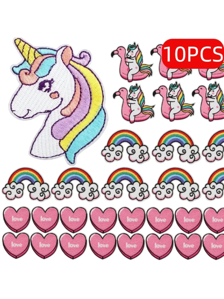 Lot de 10/12 patchs brodés en tissu, motifs bonbons, crème glacée, arc-en-ciel, poney, lapin mignon, licorne, pour décoration d'étiquettes, vente en gros