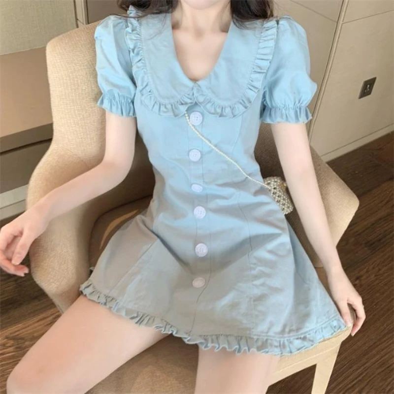 

2023 Summer New Women Dress Ruffle Splicing Doll Collar Slim Dress Female Puff Sleeve Waist Thin French Fashion A-line Dress