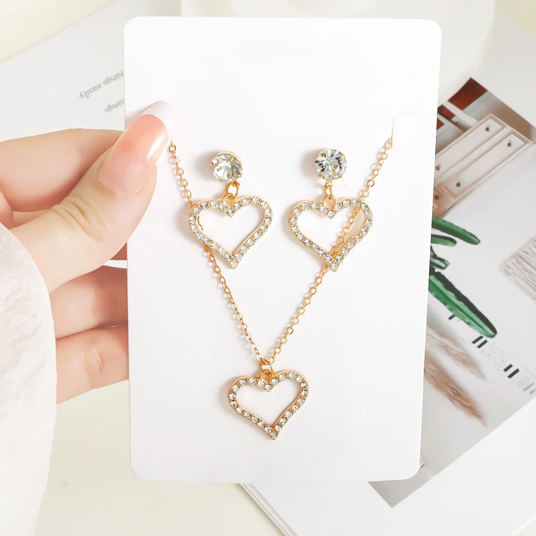 European and American cross-border simple and versatile full diamond love pendant necklace set two-piece set F25730