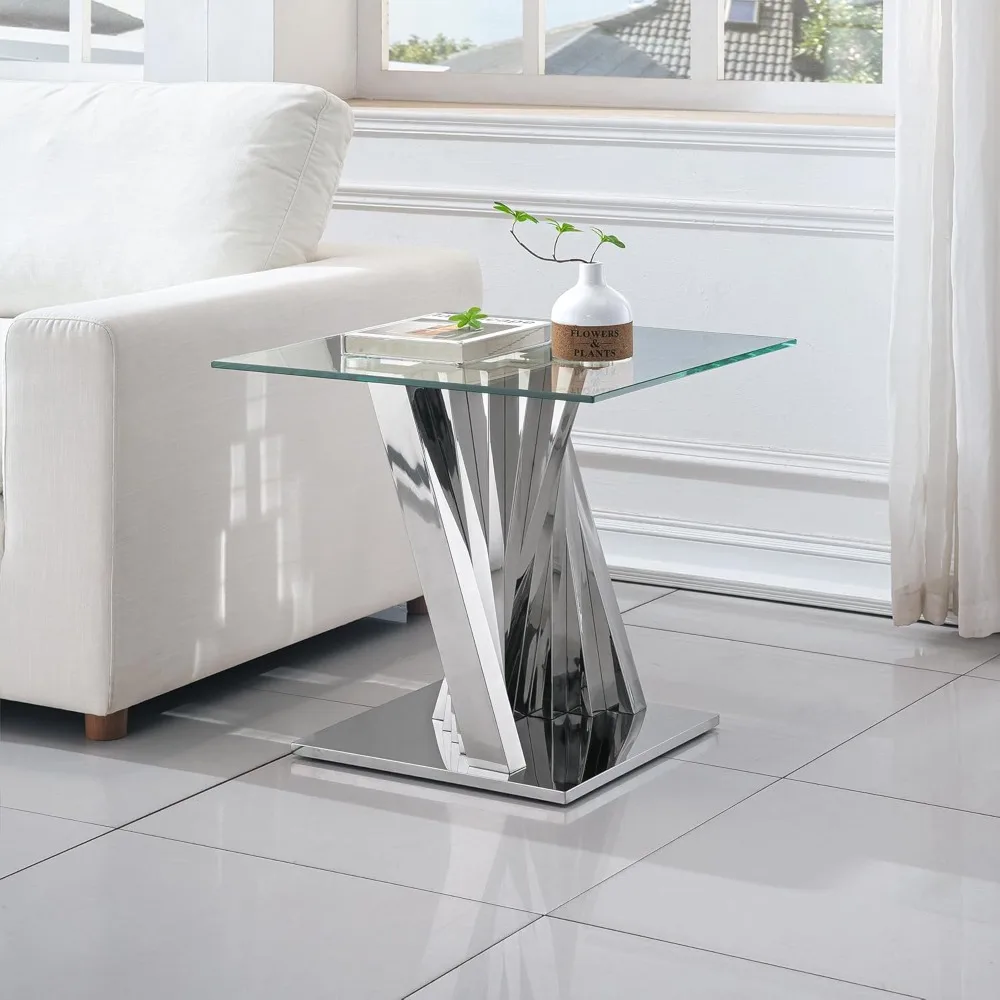 Stainless Steel and Tempered Glass Modern Side Table with Silver Mirror Finish