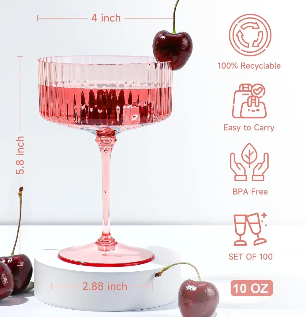 

100 Pcs Pink Plastic Champagne Martini Glasses 9 Oz Shatterproof Removable Vintage Coupe Set for Wedding Party
