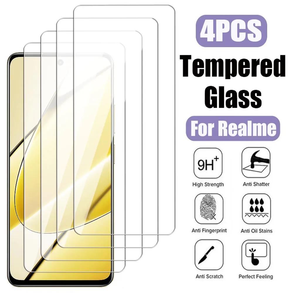 4Pcs Full Tempered Glass For OPPO Realme 11 10 9 8 Pro Screen Protector C20 C21 C25 C30 C31 C33 C35 C51 C53 C55 Protective Film