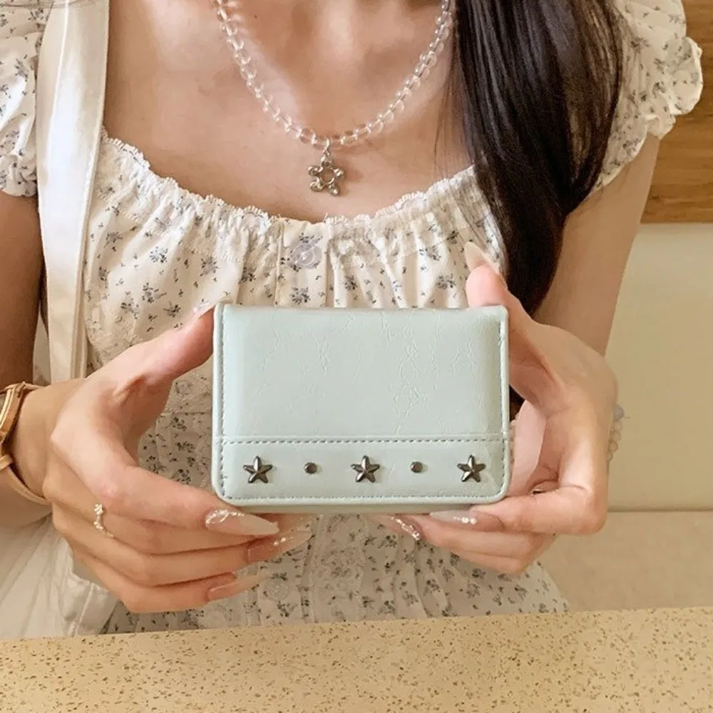 INS PU Star Rivet Trifold Wallet Ultra Thin Multiple Slots Coin Pocket Compact Size Solid Color Card Holder Commute