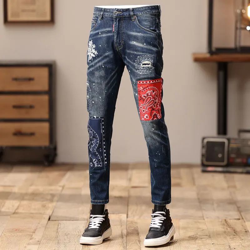 Streetwear Fashion Men Jeans Retro Blue Stretch Skinny Fit Ripped Jeans Men Patched Designer Hip Hop Denim Pencil Pants Hombre