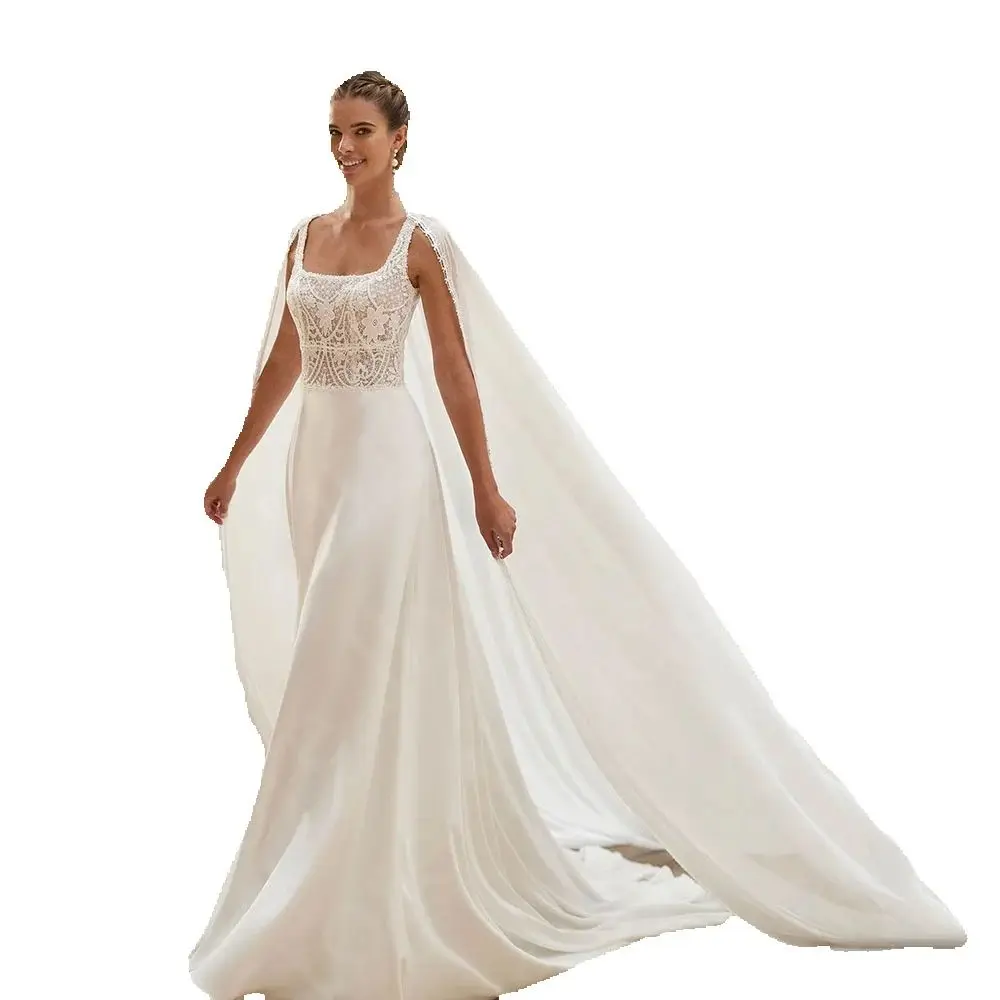 Customized Classic Wedding Dresses 2025 White Bridal Gowns Lace with Cape Bride Dresses Square Neck Wedding Gowns Back Out