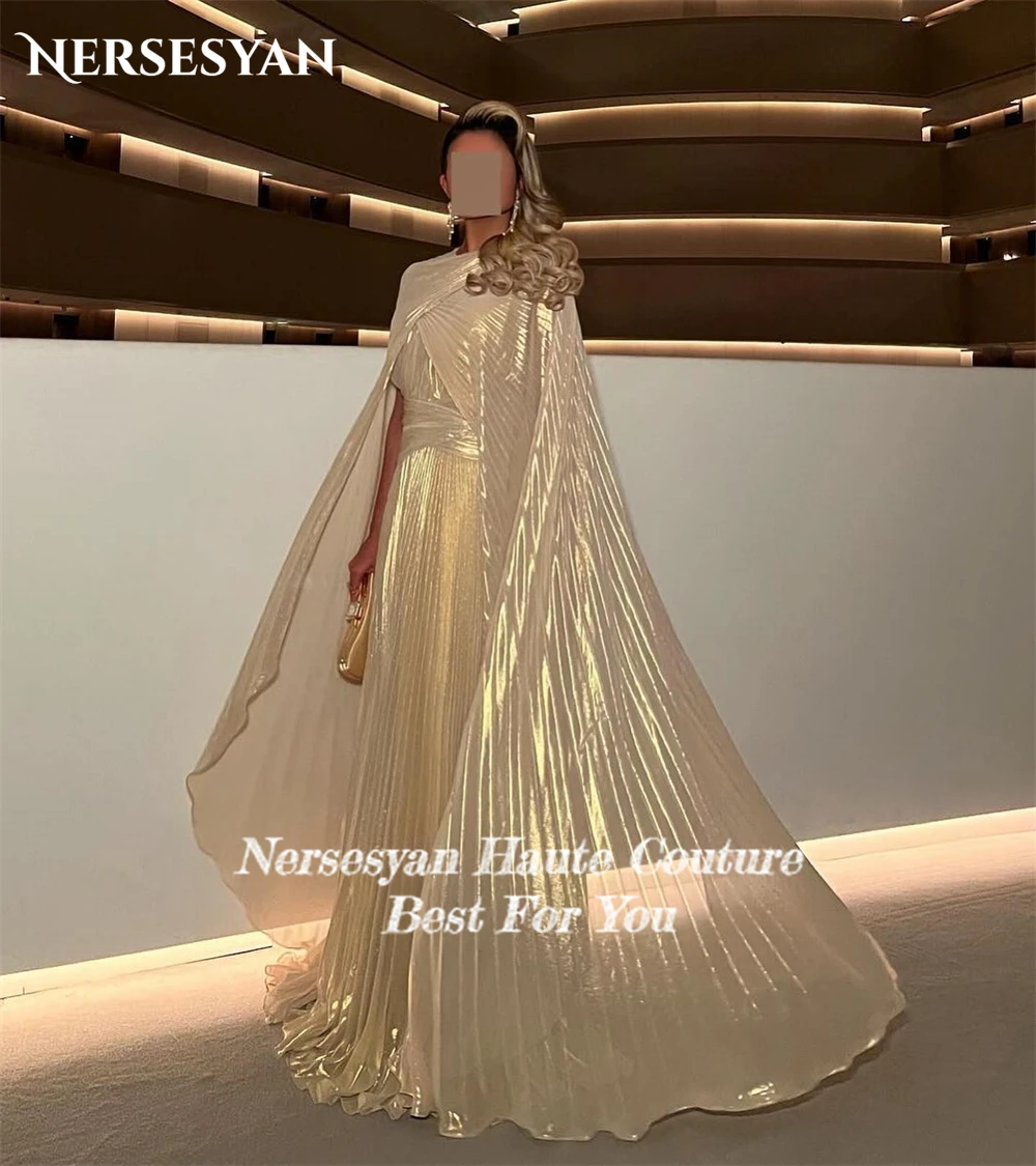 Nersesyan Elegant Pleats Fomal Evening Dresses Cape Sleeves A-Line O-Neck Prom Dress Saudi Arabia Pageant Celebrity Party Gowns