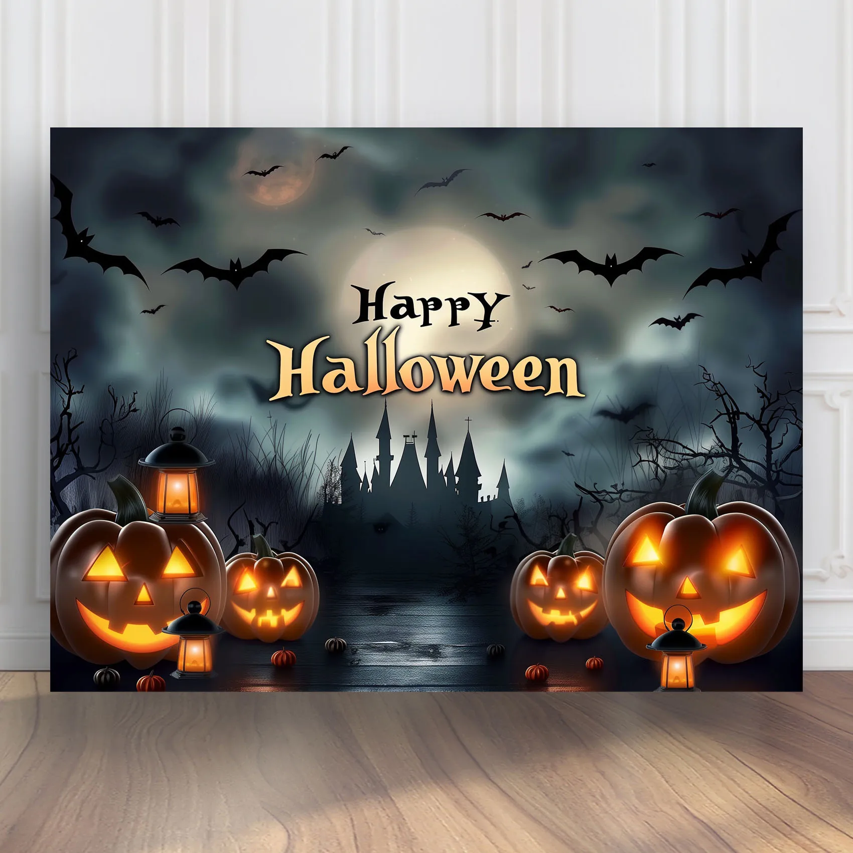 Spooky Halloween Backdrop with Pumpkins Bat Lanter Photography Backdrop for Halloween Party Decoration Props BG-1637