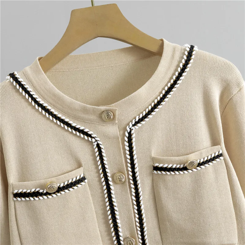 Mode bref tempérament tricoté pantalon deux pièces ensemble décontracté femmes tressé garniture or bouton Cardigan pull et pantalon costumes