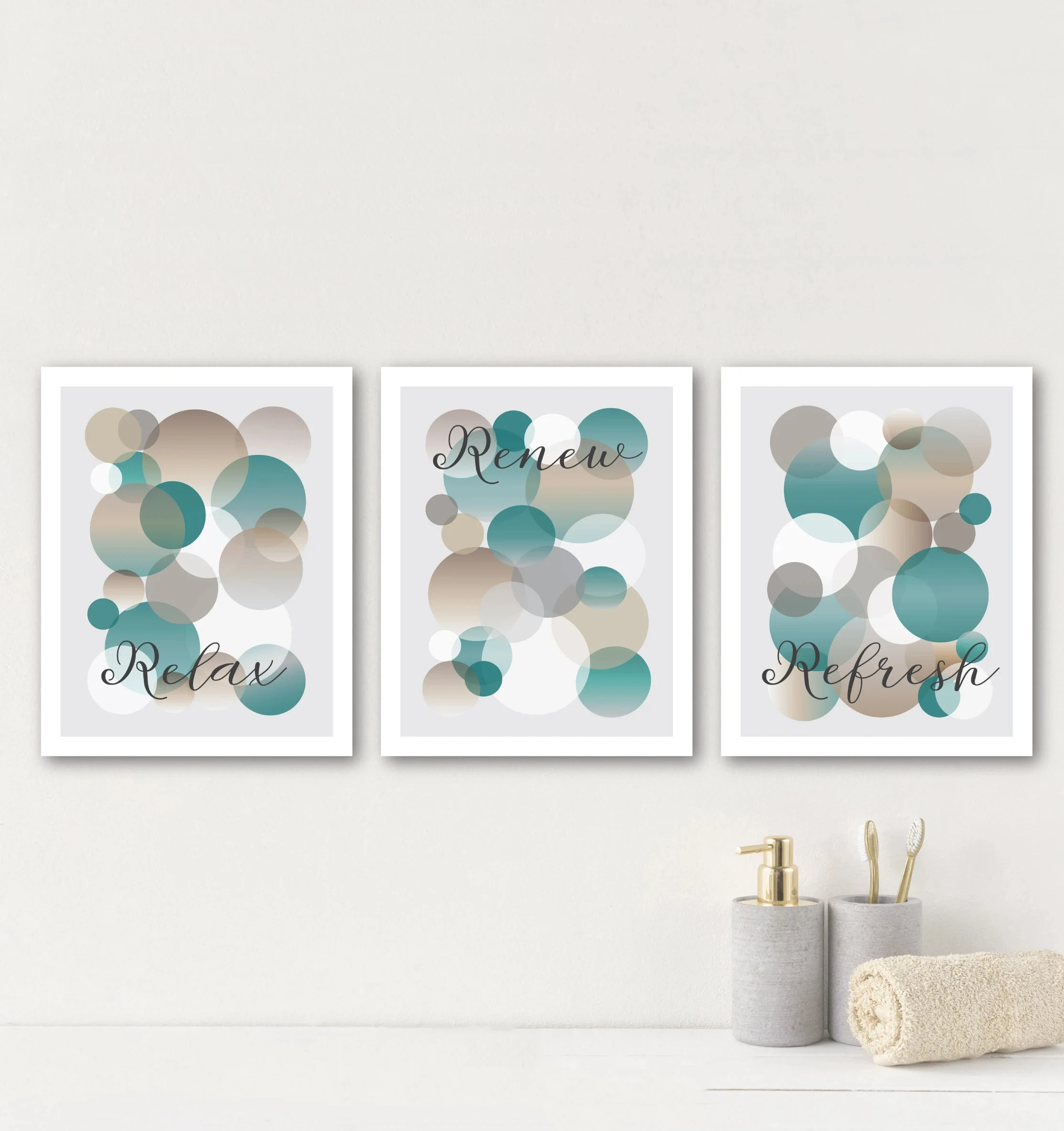 Teal, Beige Relax Renew Refresh Bubble Circles Shower Poster and Print, Canvas Painting for Living Room, Home Decor, No Frame