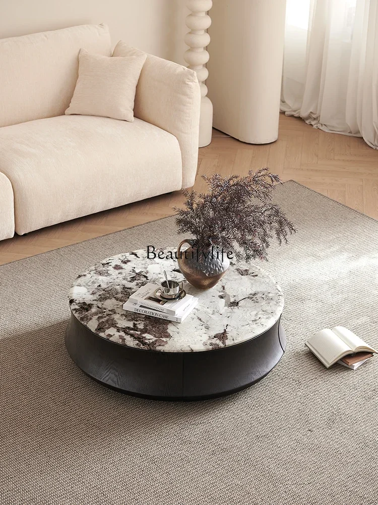 Modern light luxury black parquet solid wood marble round coffee table medium ancient style