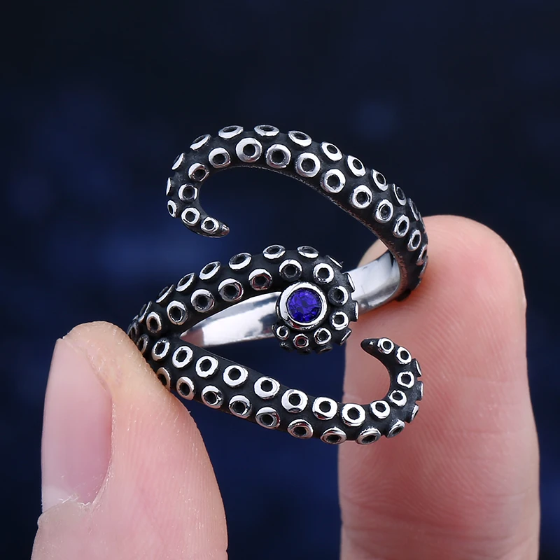 Fashion Men Rings WIth Blue Zircon Stainless Steel Vintage Octopus Style Irregular Pattern Trendy Accessories For Man Women Gift
