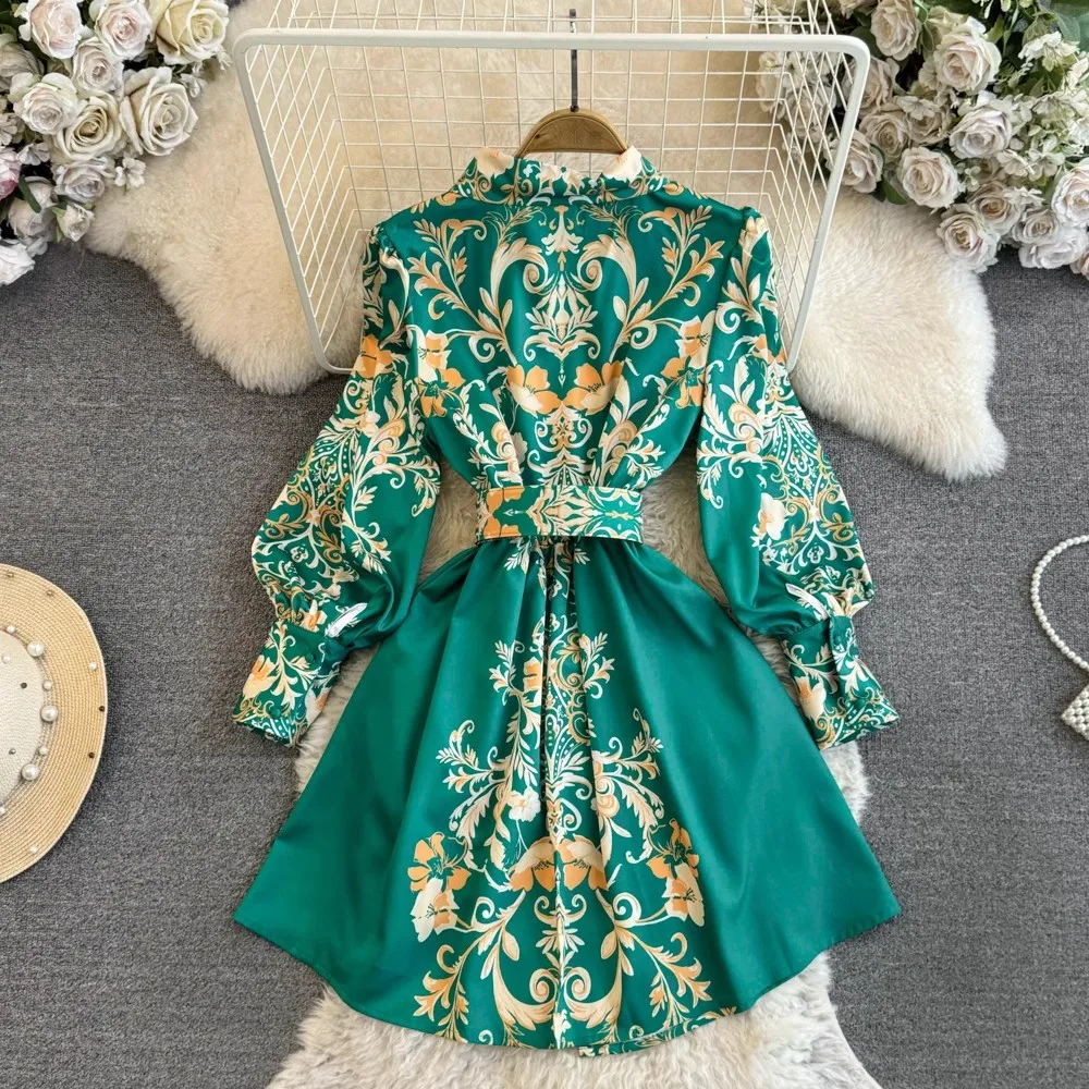 Spring Summer Runway Designer Pleated Dress Women's Long Sleeve Shirt Collar Overlay Flower Print Slim Party Mini Vestidos 2402