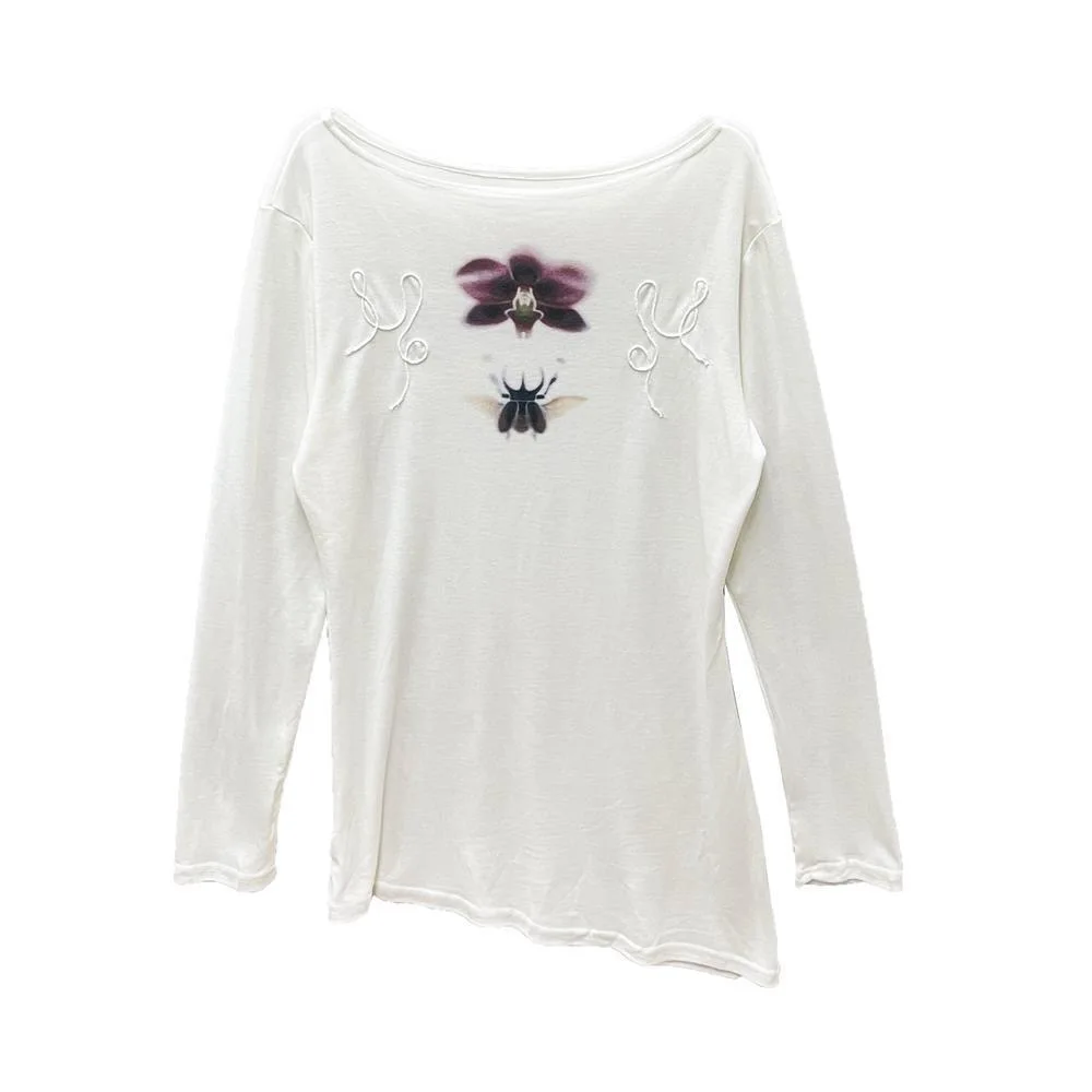 Onalippa Fashion Printed Lazy Style Off Shoulder T-shirt Slightly Transparent Round Neck Design Long Sleeved Base Top 2025 New image 4