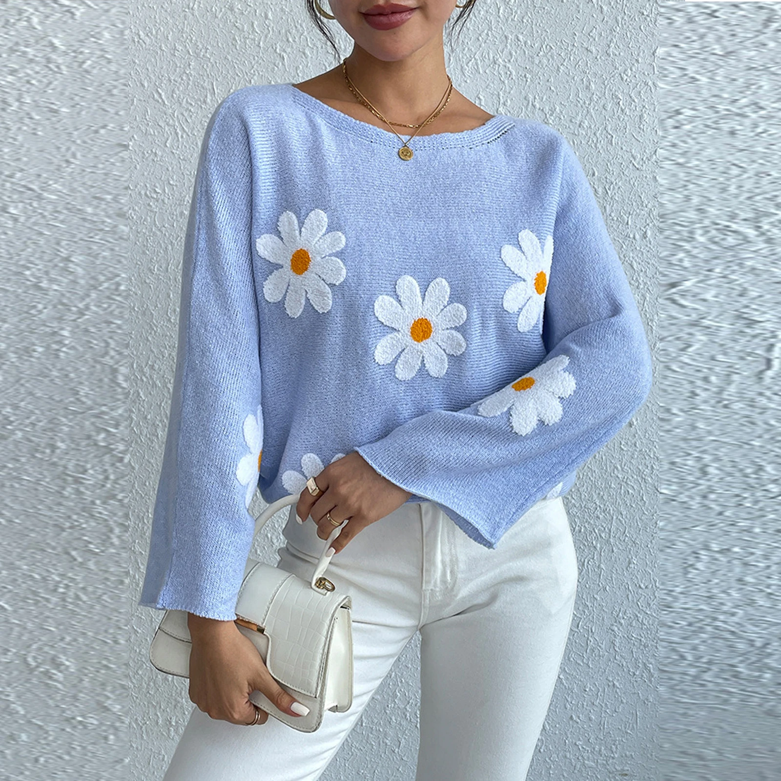 Women y2k Aesthetic Loose Knit Sweater Sweet Flower Embroidered Long Sleeve Boat Neck Pullovers Spring Fall Casual Jumpers Tops