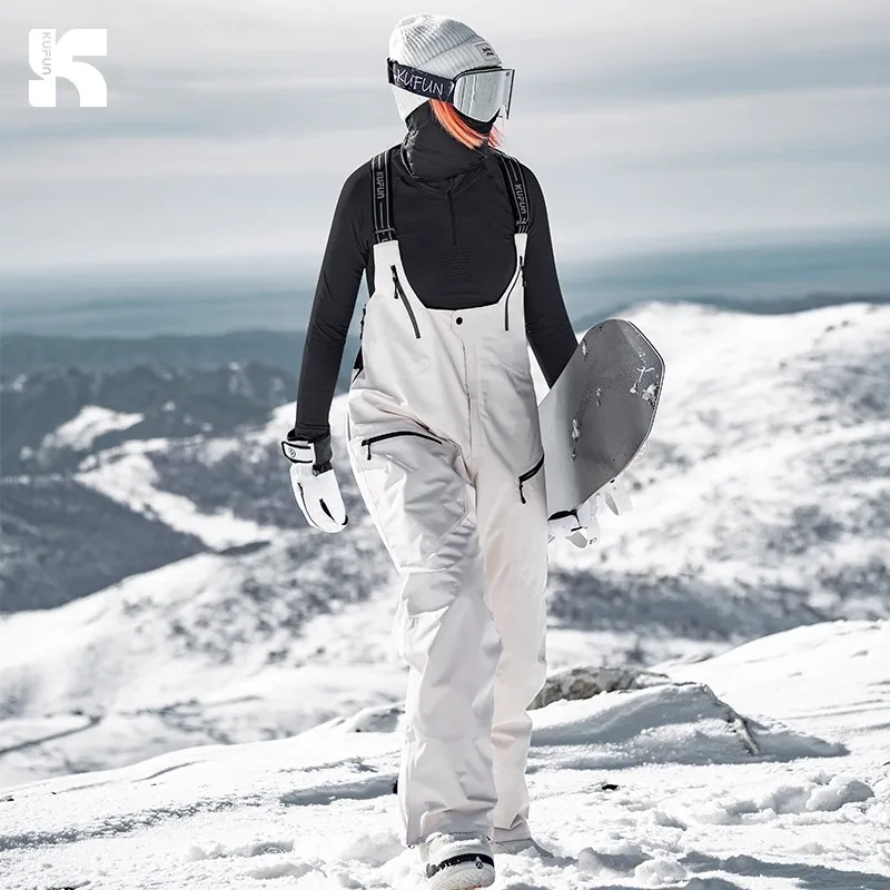 KUFUN Ski Salopettes for Women Men Snowboard Overall Thick Fiber Padding Teenager Waterproof Winter Outdoor Sports Loose White