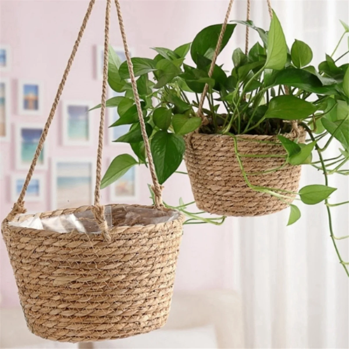 Garden Hanging Planter Macrame Plant Storage Basket Jute Rope Woven Indoor Outdoor Flower Pot Holder Primary Color M