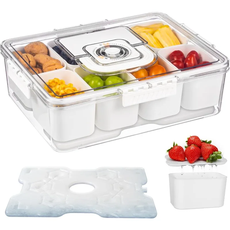 

Snackle Box Container with Ice Pack-Divided Serving Tray with Lid and Handle 8 Compartments Cooling Travel Box with fork&spoon