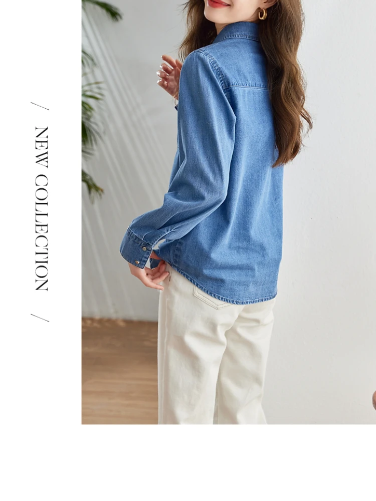 Vimly Vintage Cotton 100% Washed Denim Shirt Women 2024 Spring Fashion Casual Loose Long Sleeve Button Down Shirts & Blouses