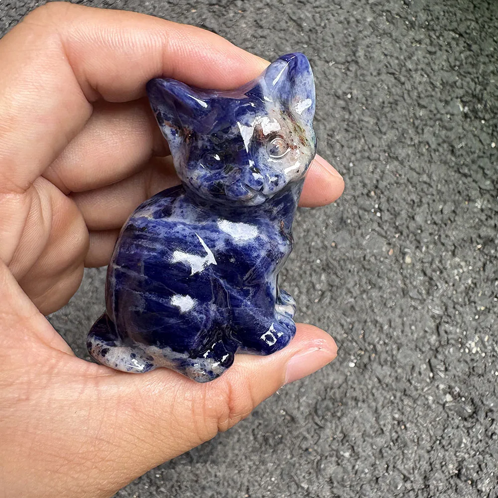 Custom Natural Sodalite Cat Figurine - 6cm Handcrafted Gemstone Sitting Kitty Statue Collectible Home Decor