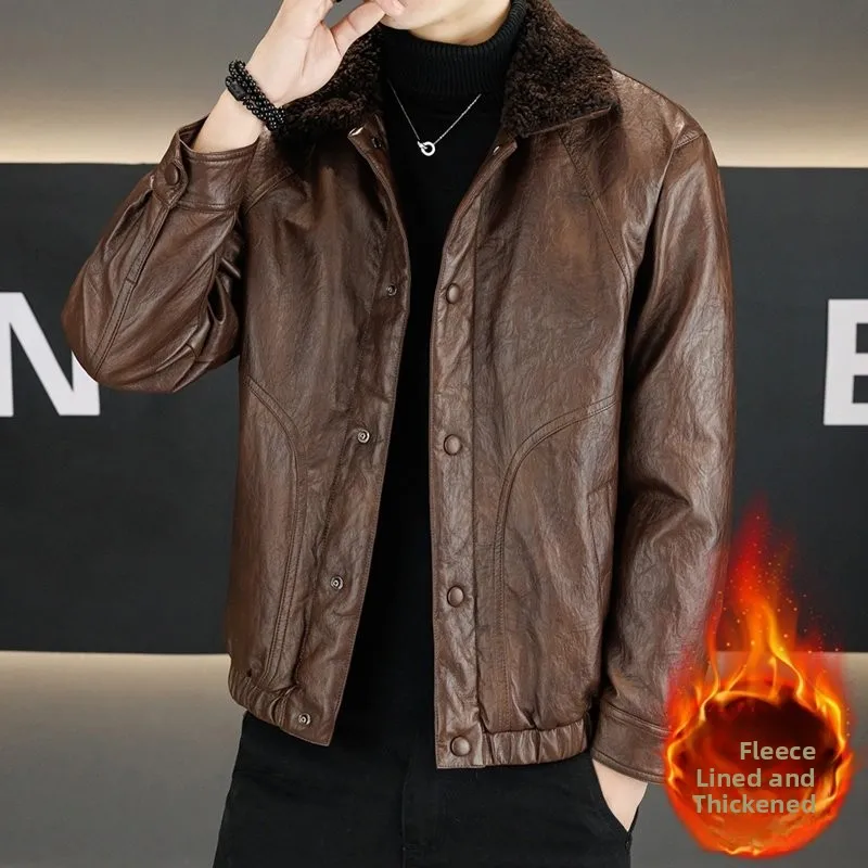 

Men's Youth Thiened Fce Lined Leather Jaet Teddy Velvet Fur Inteated Winter Outerwear Faion Urban Sle Long Sve