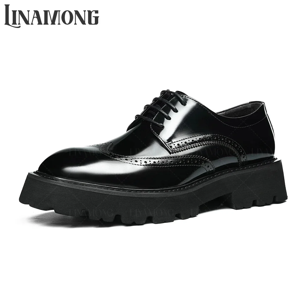 Black Polished Leather Derby Shoes Patent Leather Shiny Cowhide British Carved Leather Shoes Brogue Round Toe Thick Soled Shoes