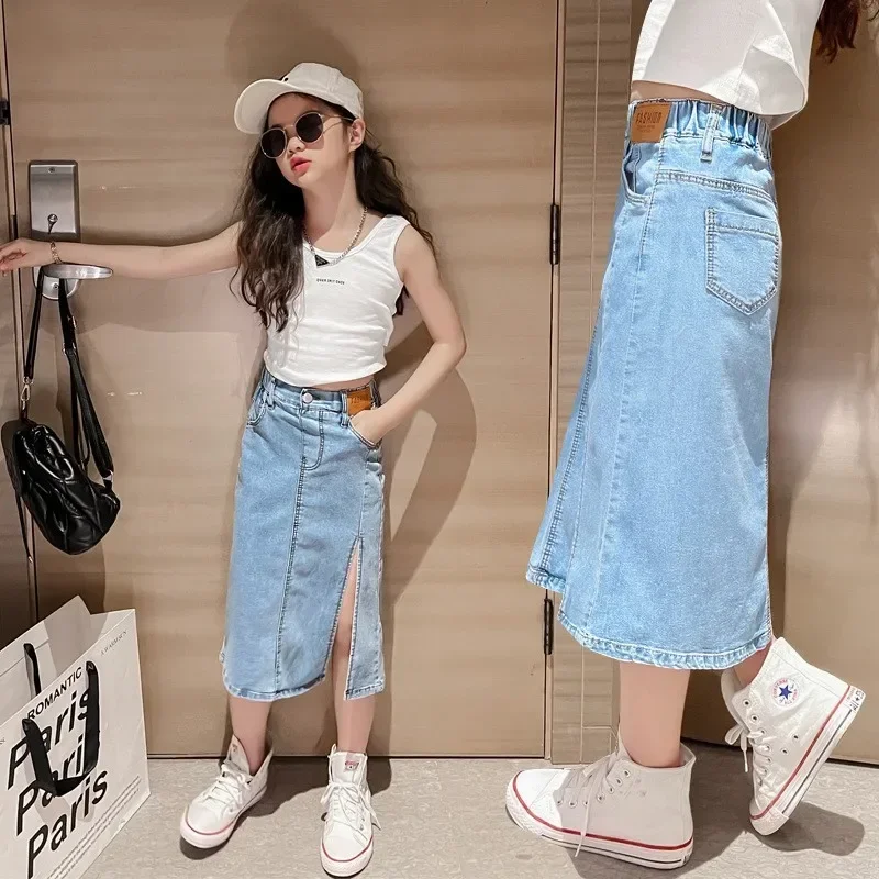 Teen Girls Denim Skirt New Fashion Korean Version Split Long Skirt Children Clothing Birthday Party Present 5 6 8 10 12 14 Years