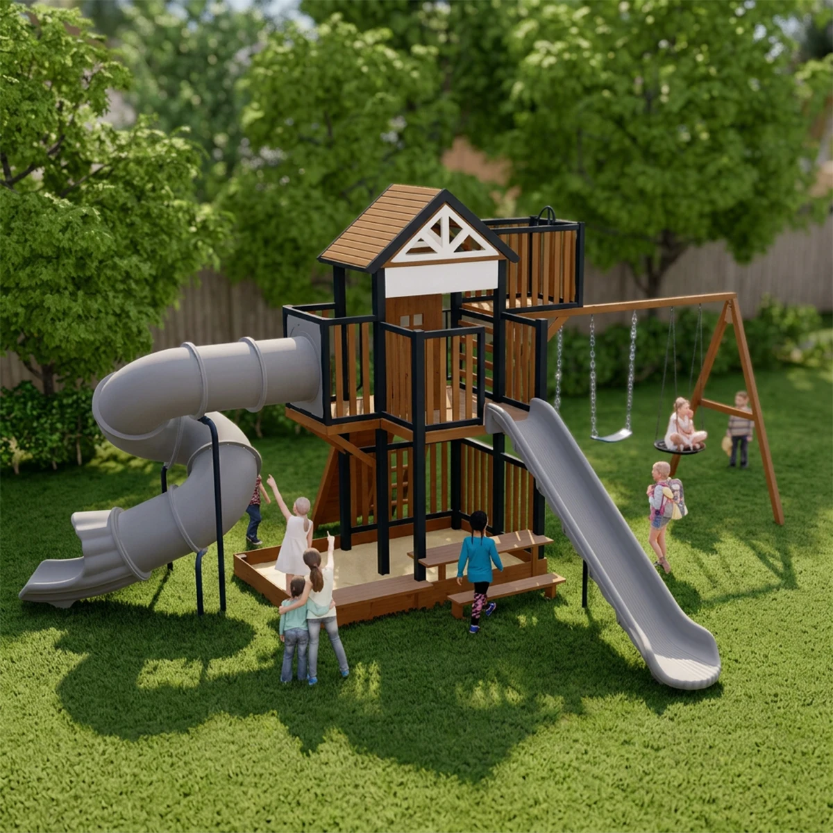 ia-Outdoor Wooden Playground Equipment with Double Slides and Swing Set, Kids Backyard Playhouse for Preschool Kindergarten#