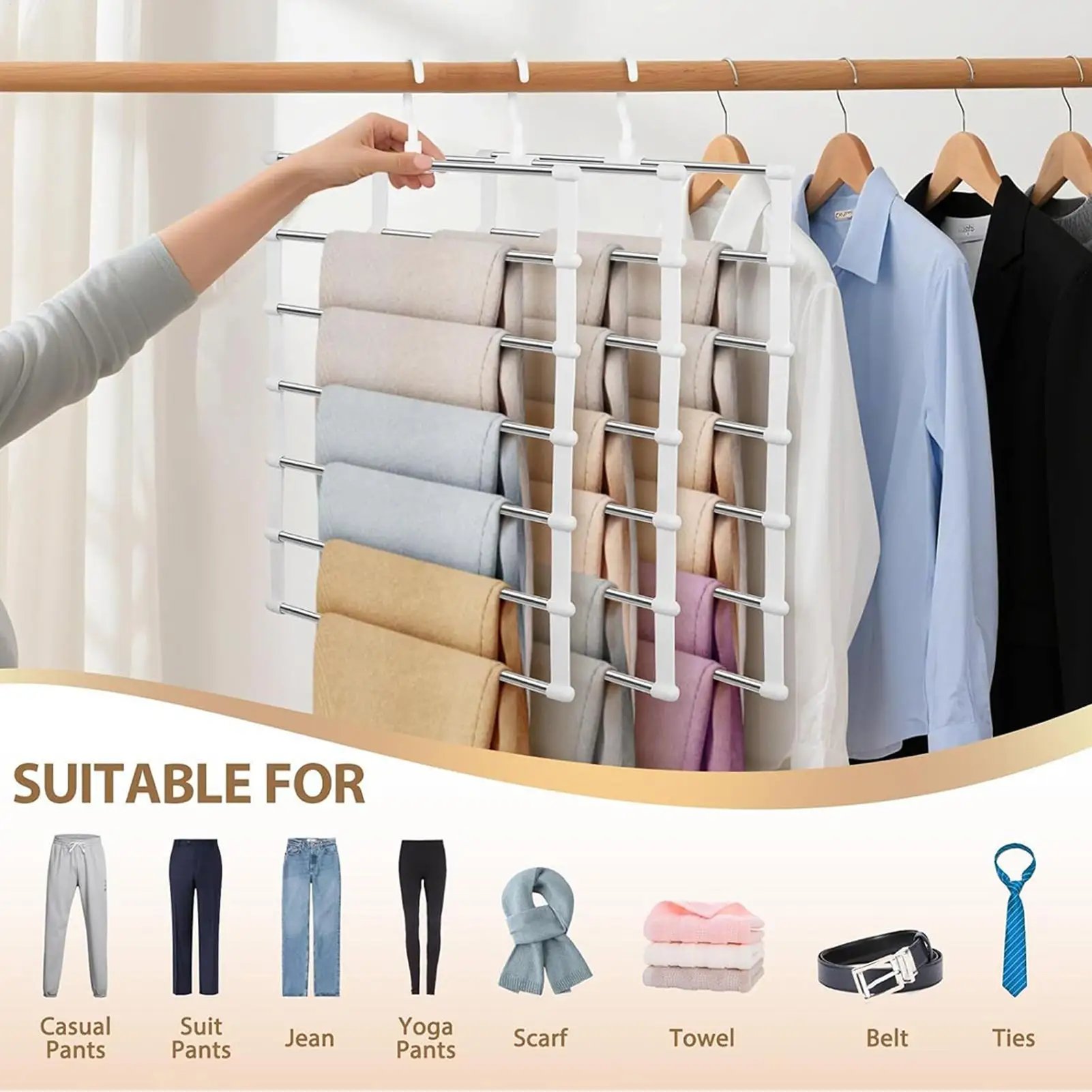6Layers Stainless Steel Trouser Hanger Magic Pants Rack Space Saving Clothes Organizer Foldable Wardrobe Hanger Storage